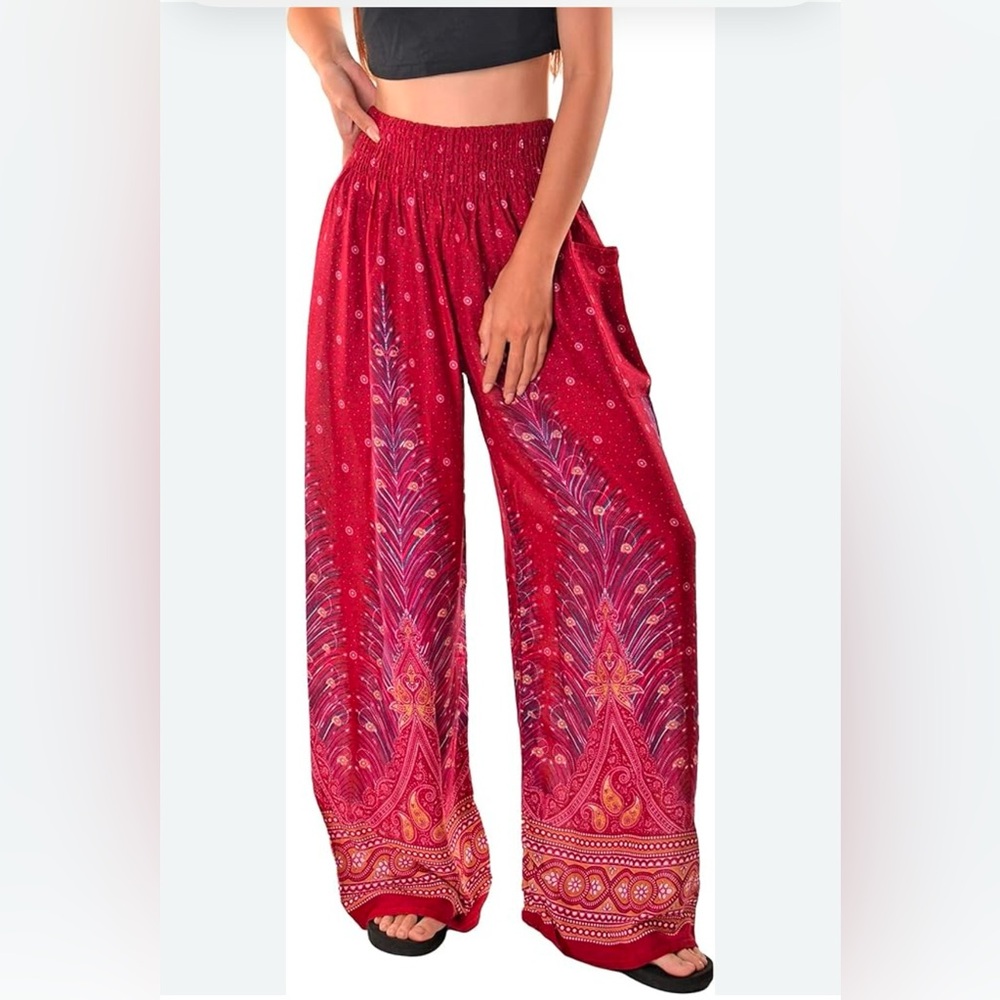 VTG Pink Passion Falls Wide Leg Flowy Boho Gypsy Free Spirit Pant—Stretch-SzS-XL